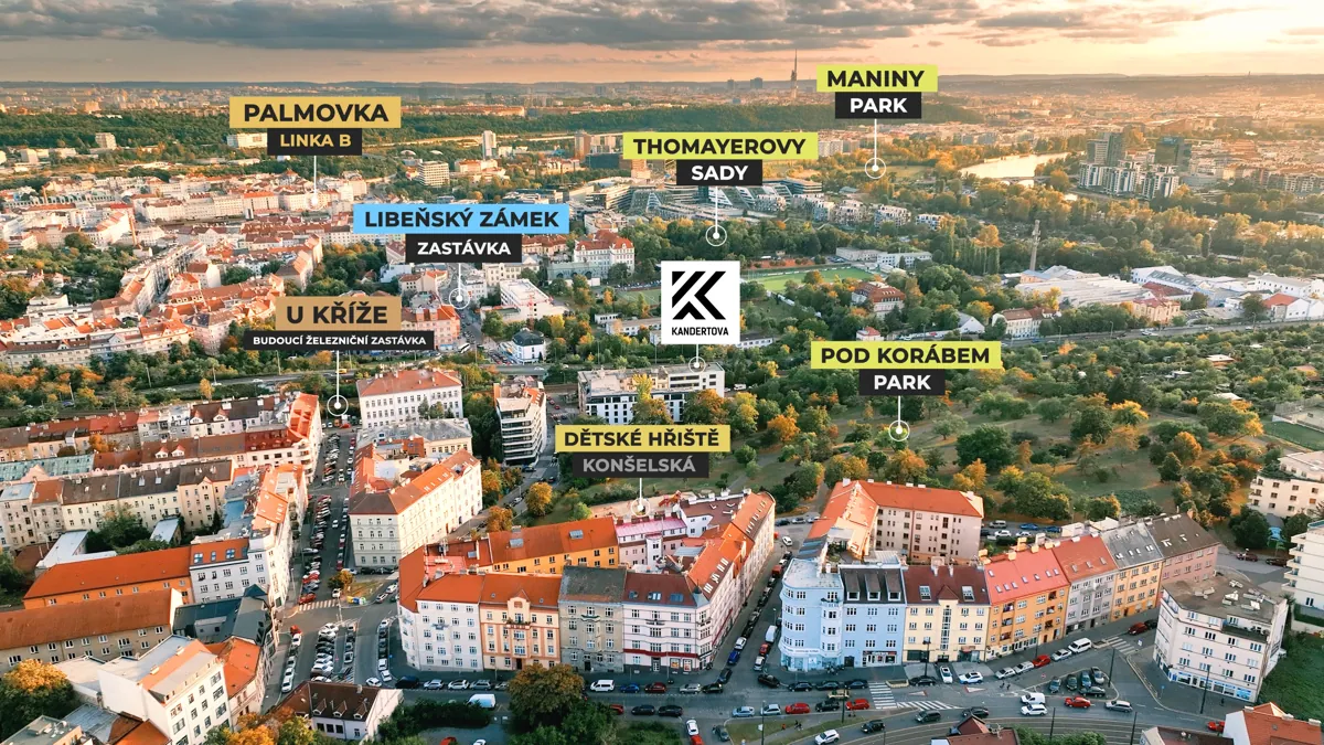Вид з повітря на Лібень і Карлін з позначкою Rezidence Kandertova
