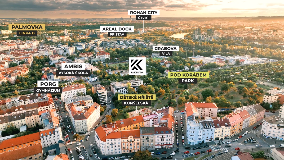 Aerial view of Libeň with Rezidence Kandertova and the places around it: AMBIS University, PORG, Palmovka metro, Pod Korábem park, DOCK and Rohan City