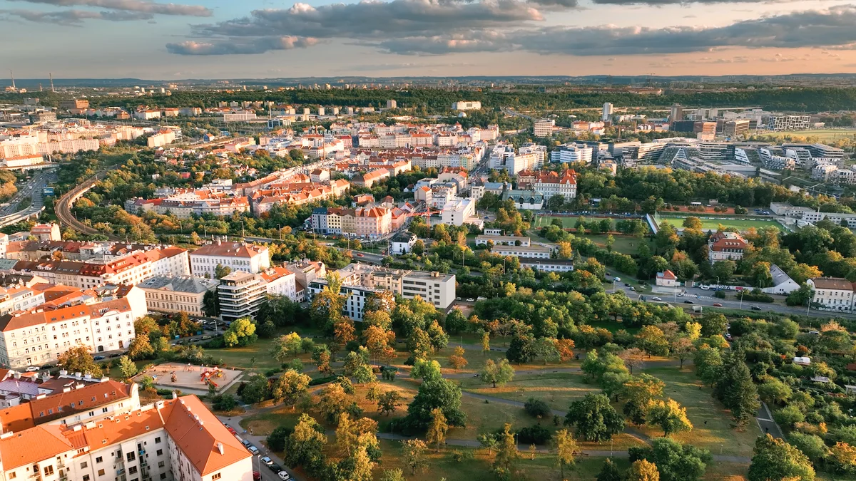 Libeň with Pod Korábem park in the evening sun