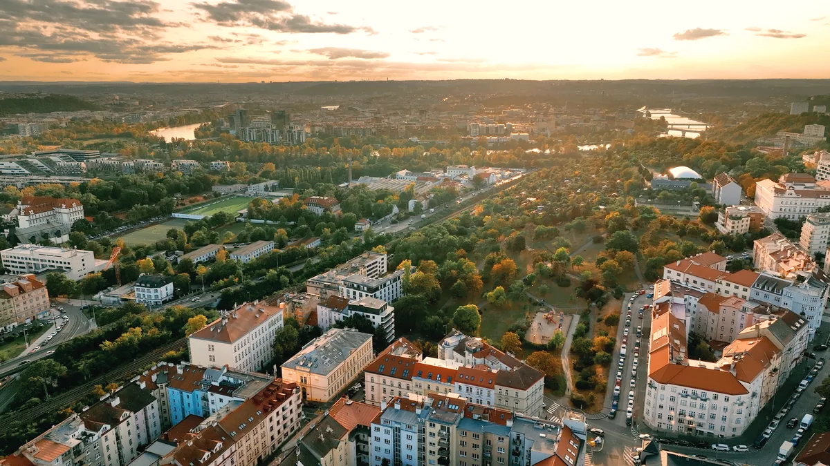 View over Libeň towards the Vltava and Karlín at sunset