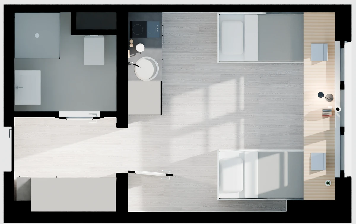 Twin studio Type 01 – 3D plan of the whole studio: entrance hall with wardrobe, bathroom, and room with kitchenette, two daybeds and a wall-to-wall desk