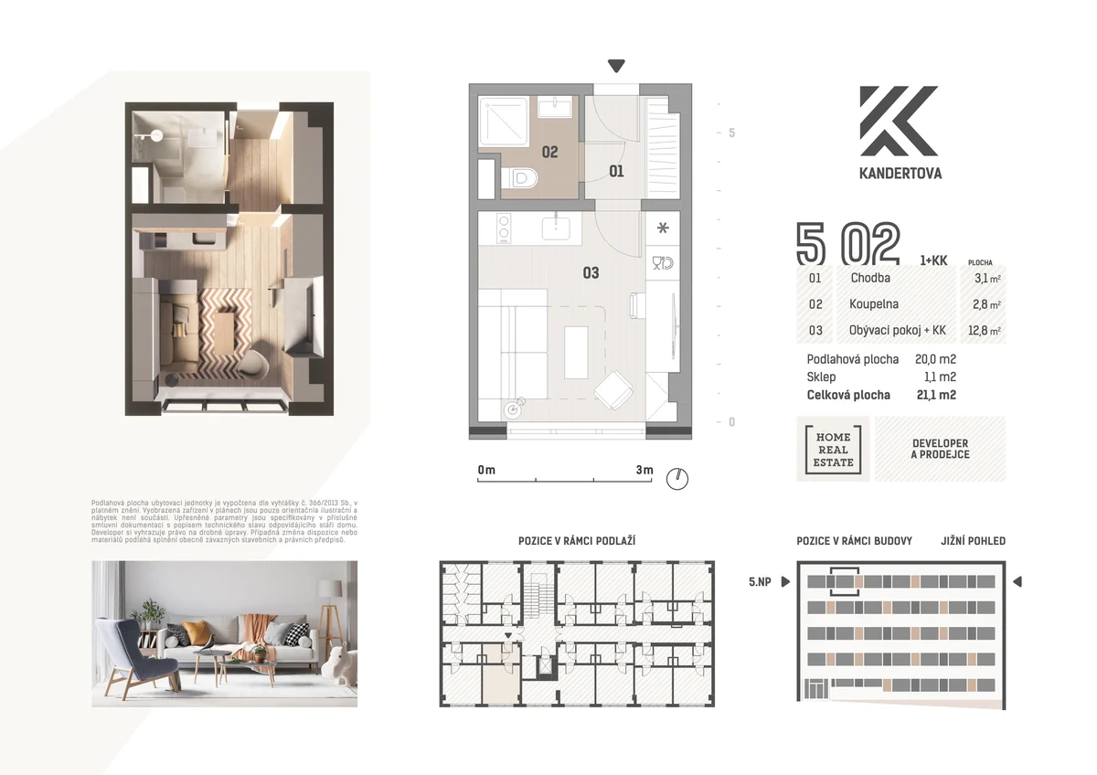 Typ 01 – půdorys studia 20 m² (jednotka 5.02) s chodbou, koupelnou a obývacím pokojem s kuchyňským koutem