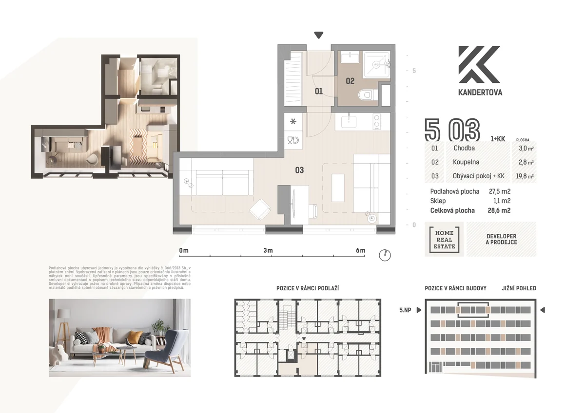 Typ 02 – půdorys studia 27,5 m² (jednotka 5.03) s chodbou, koupelnou a obývacím pokojem do L s kuchyňským koutem